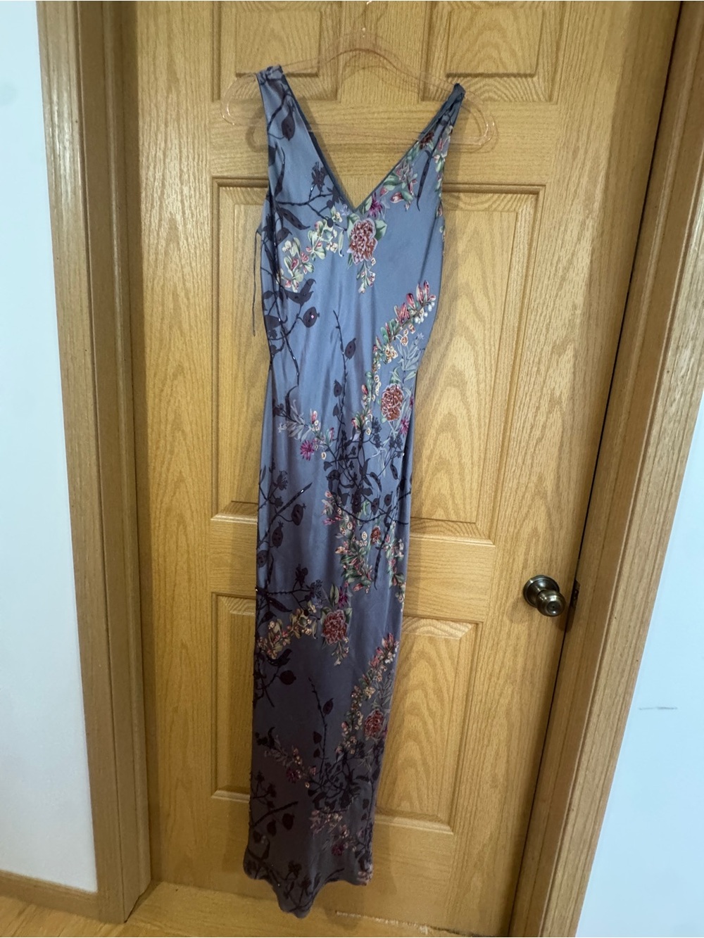 Papell Boutique Evening 100% Silk Beaded Floral Slip Maxi Dress Gown 10 Vintage